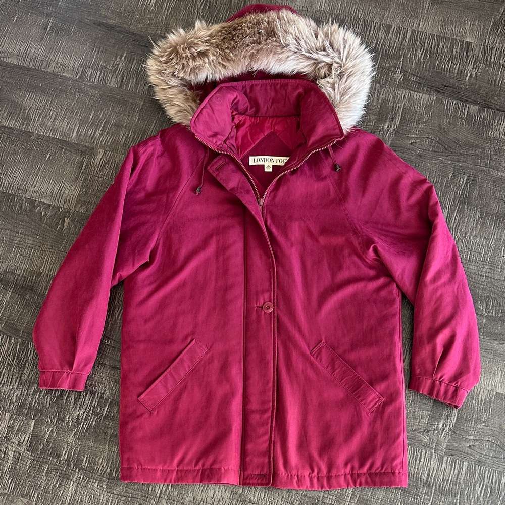 London Fog Red / Burgundy Women’s Coat with Faux Fur Trim (Size M)